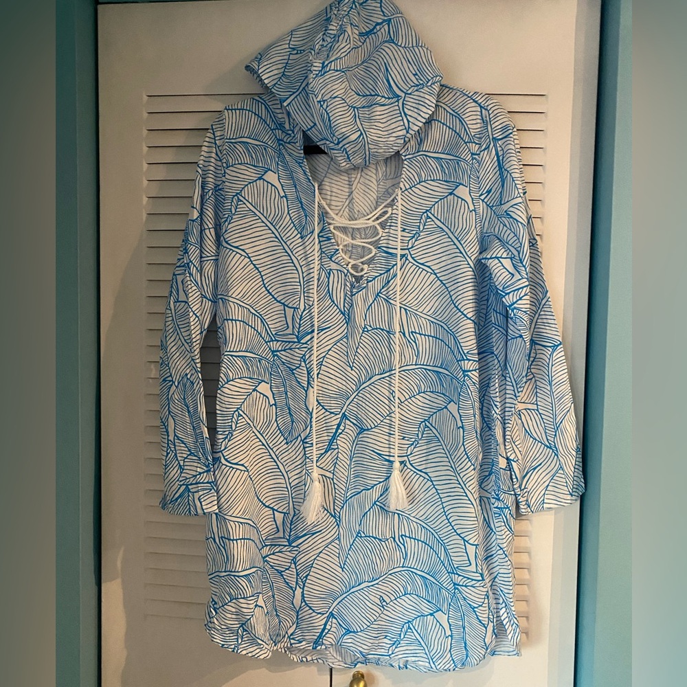 Charlie Holiday Blue and White Hooded Cover-Up